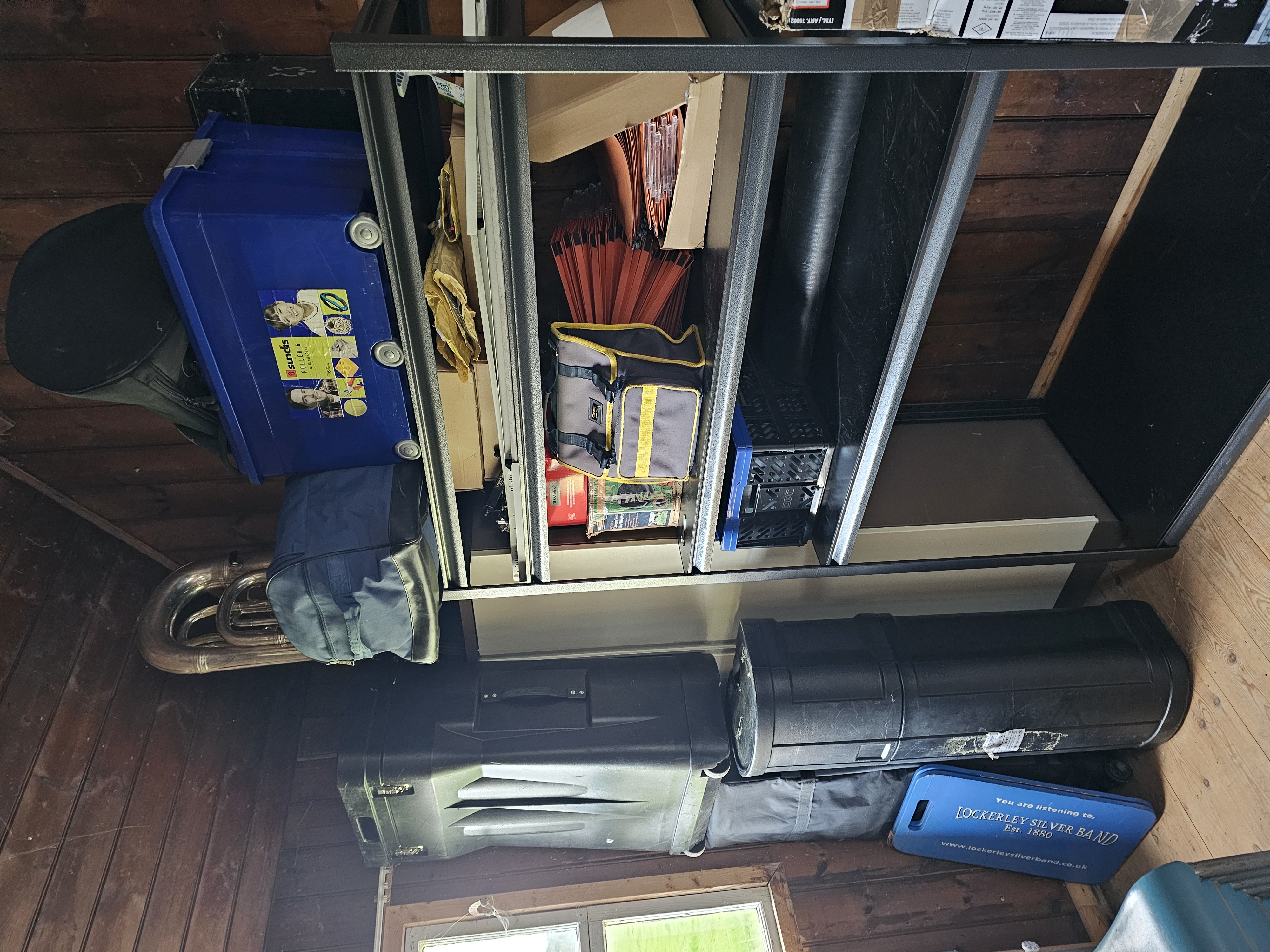 Band equipment in temporary storage after leaving the Parish Room